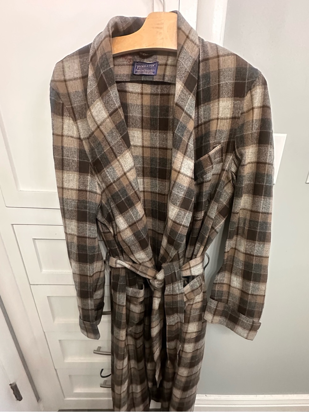 Pendleton Men's Brown Plaid Virgin Wool Robe smoking Jacket Medium M